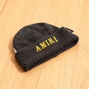 AMIRI Charcoal Beanie with Vibrant Yellow Logo